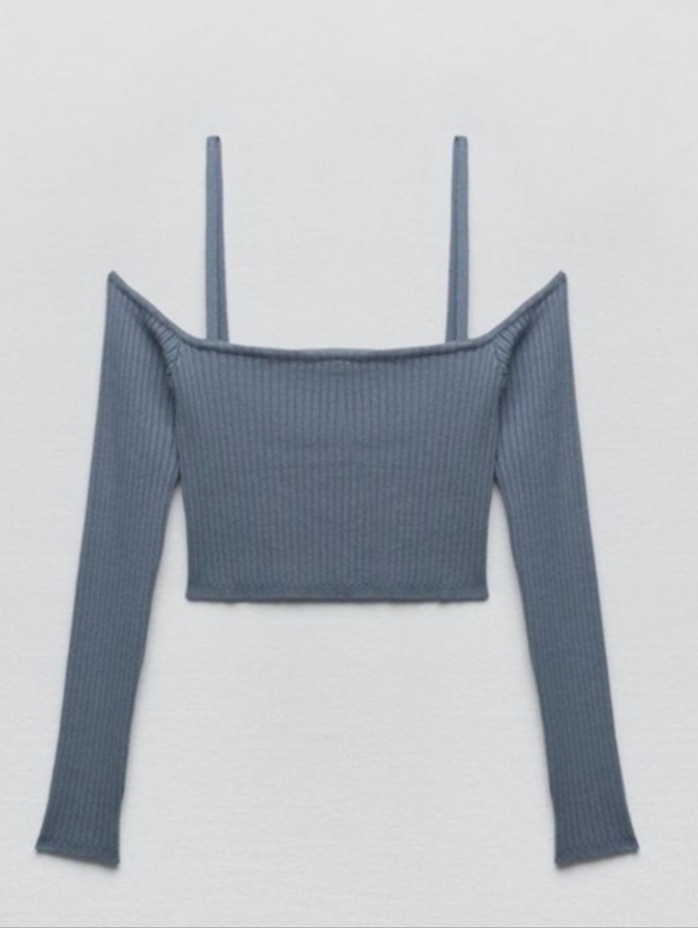 Zara Slate Blue Ribbed Off-Shoulder Crop Top with Straps